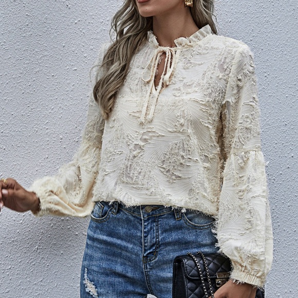 Bellanblue Tops - cream front tie feather neck tie long sleeve top